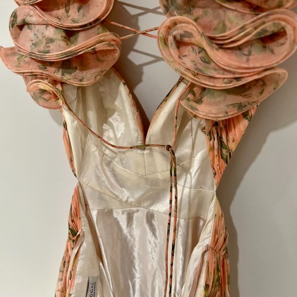 Mac Duggal Leena Ieena Floral Chiffon Ruffle Cut Out Lace Up Back Gown Dress 2 - Picture 8 of 9